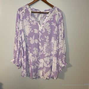 NWT TALBOTS Women Lilac and White Smocked Blouse 2X Purple V Neck 3/4 Sleeves